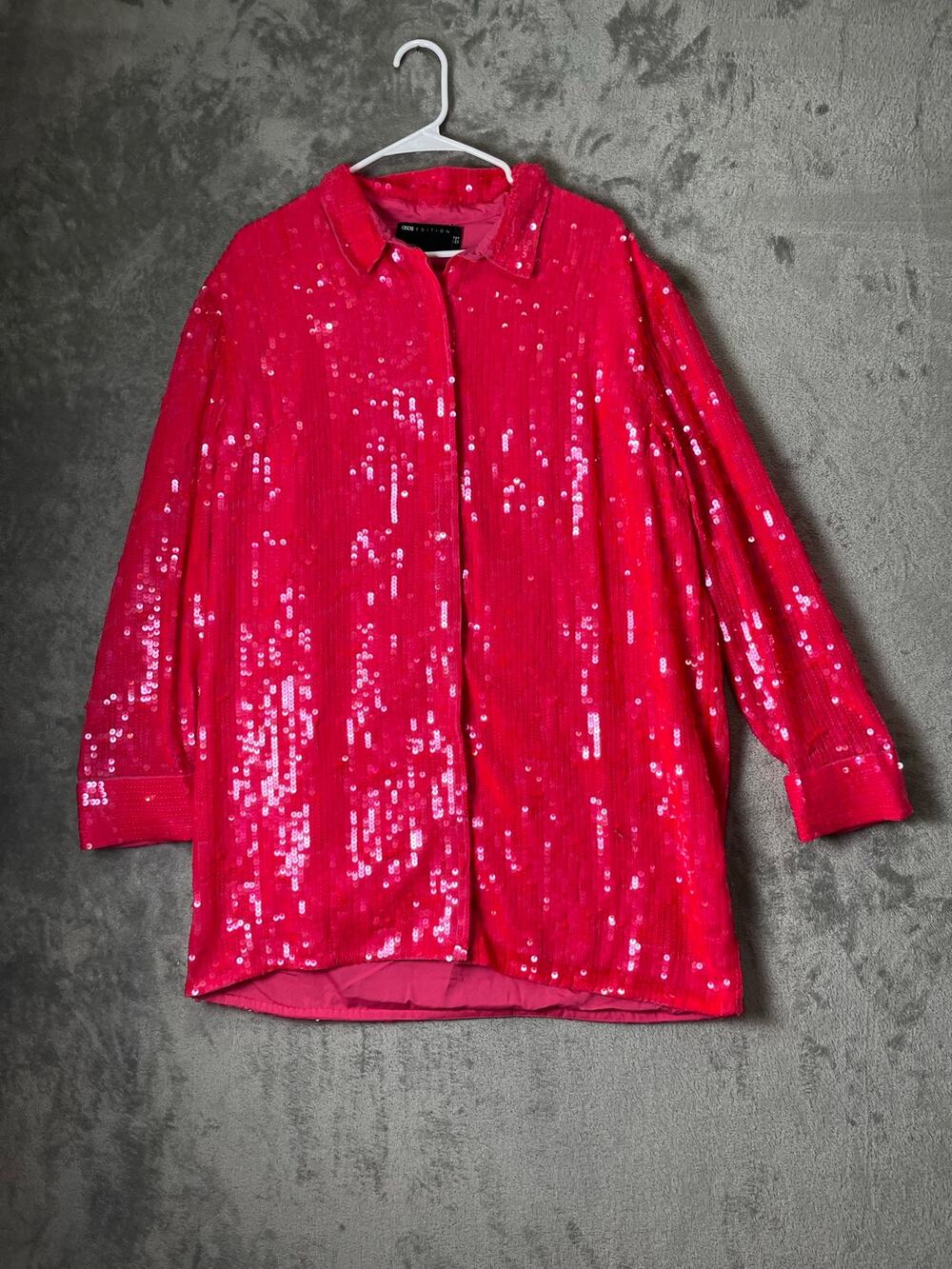ASOS Hot Pink Sequin Oversized Button Up Long Sleeve Shirt Mini Dress 10 New